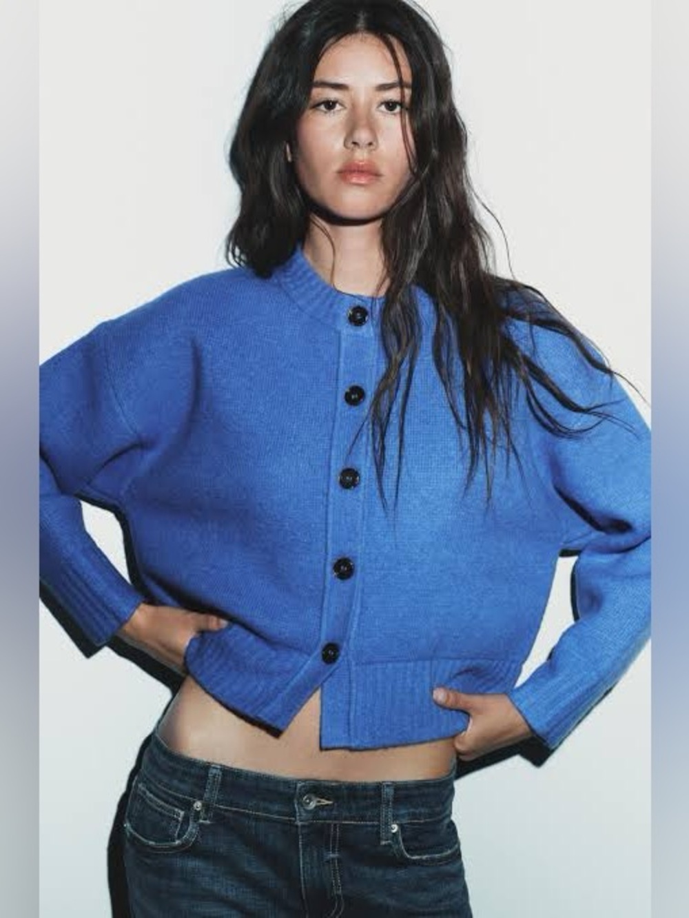 Zara Soft Knit Boxy Button Cardigan Blue S NWT